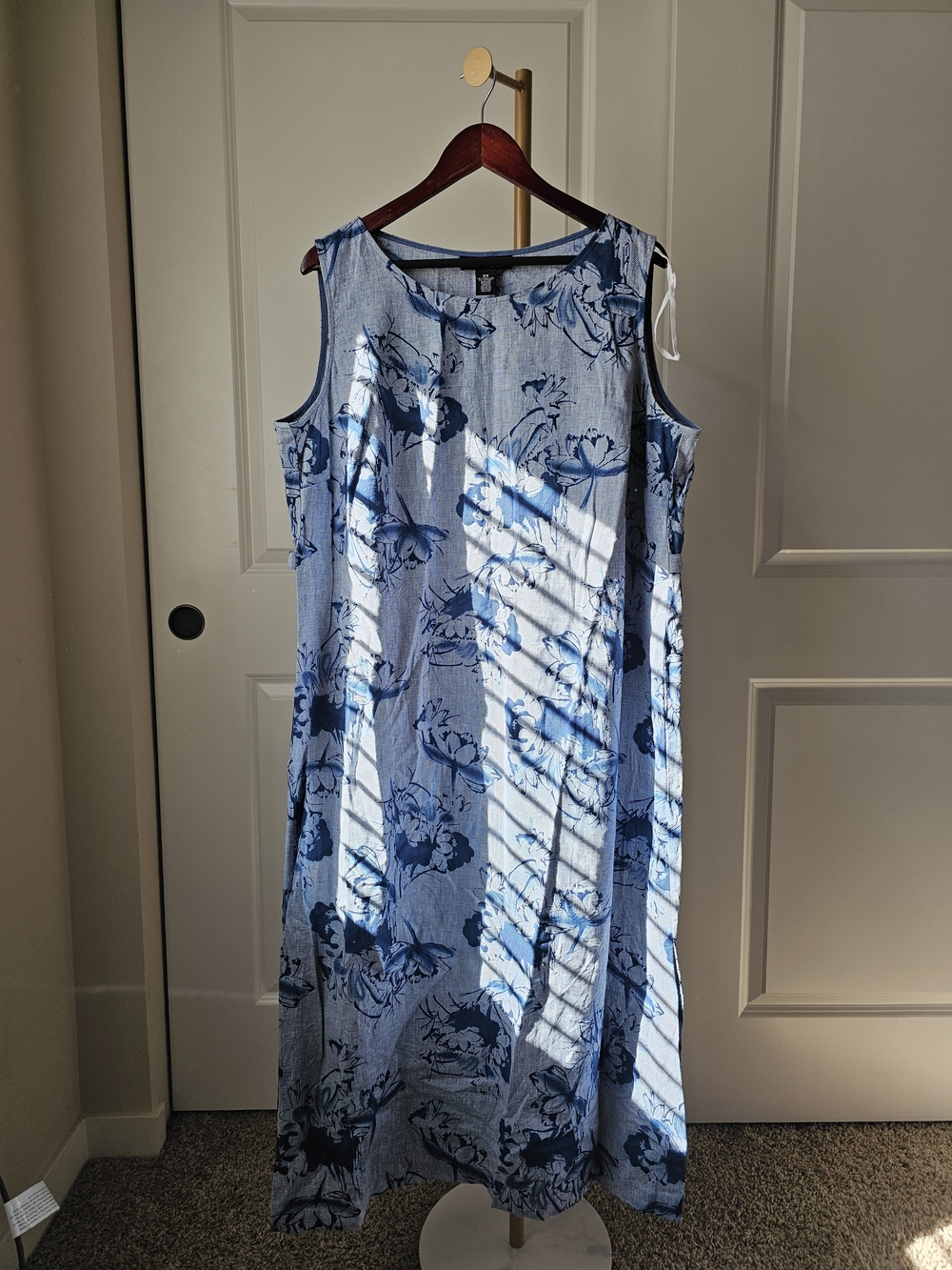 Cotton & Linen Blend Sleeveless Blue Floral Straight Midi Dress